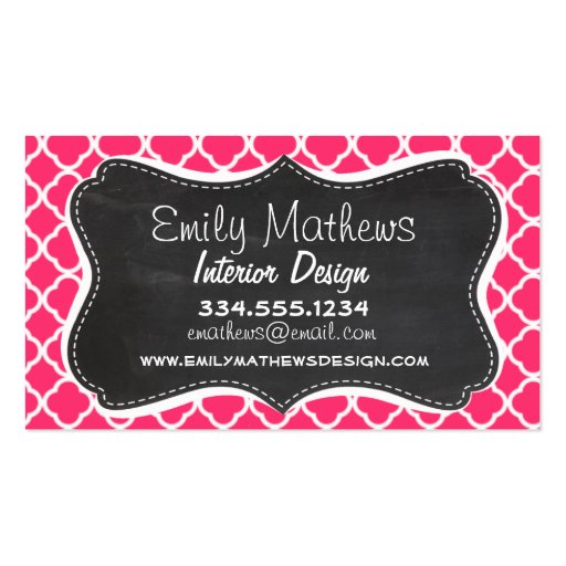 Hot Pink Moroccan Quatrefoil; Chalkboard look Business Card (front side)