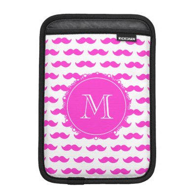 Hot Pink Mustache Pattern, Hot Pink White Monogram iPad Mini Sleeve