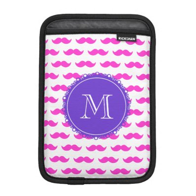Hot Pink Mustache Pattern, Purple White Monogram iPad Mini Sleeve