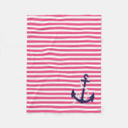 retro sailor style Hot Pink Nautical Stripes with Navy Blue Anchor Fleece Blanket