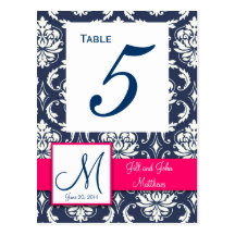 Hot Pink Navy Damask Wedding Table Number Post Card