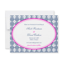 Hot pink navy oval preppy wedding save the date invitations