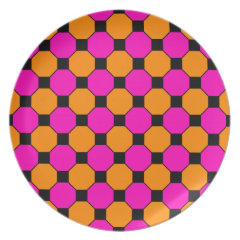 Hot Pink Orange Black Squares Hexagons Patterns Dinner Plate