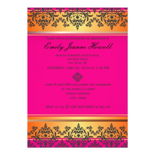 Hot Pink + Orange + Damask Photo Invitations