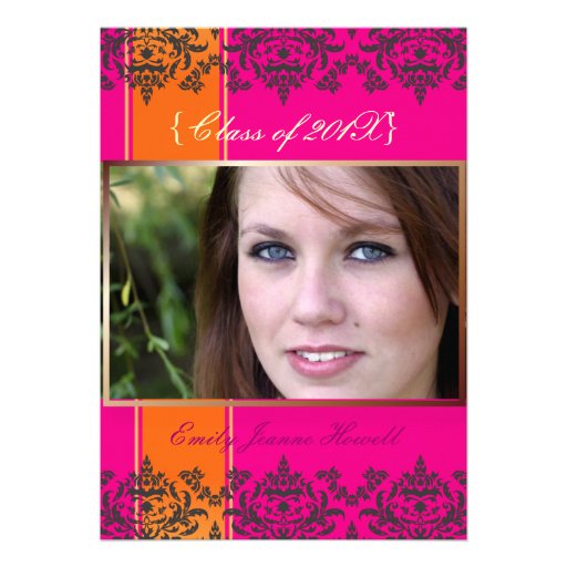 Hot Pink + Orange + Damask Photo Invitations