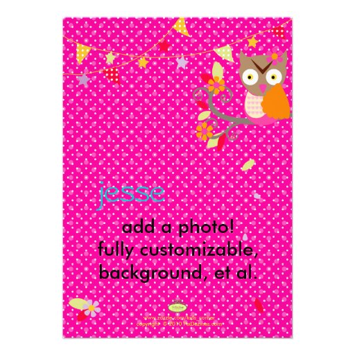 Hot Pink/Orange Owl/DIY color... Birthday Party Personalized Invite