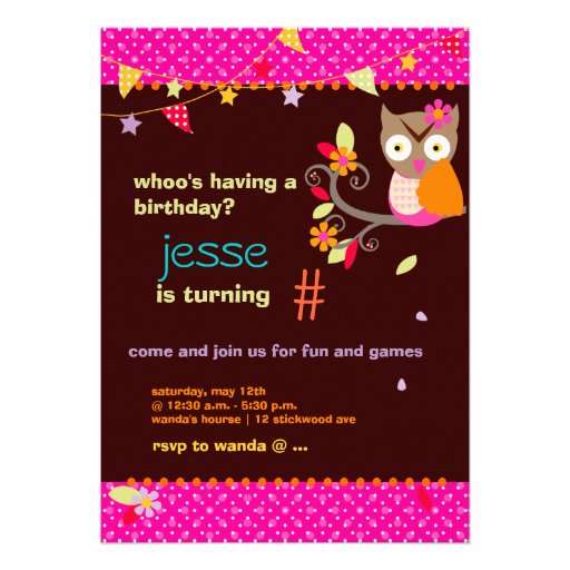 Hot Pink/Orange Owl/DIY color... Birthday Party Personalized Invite