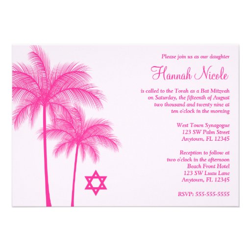 Hot Pink Palm Tree Tropical Bat Mitzvah Invitation (front side)