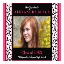 Hot Pink Photo Damask Floral Graduation Invitation
