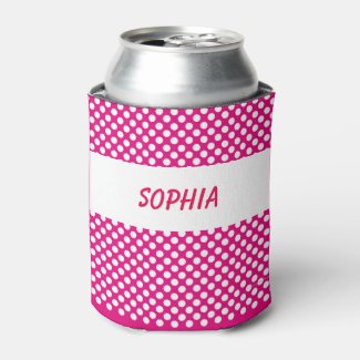 Hot Pink Polka Dots Can Cooler Personalized Name
