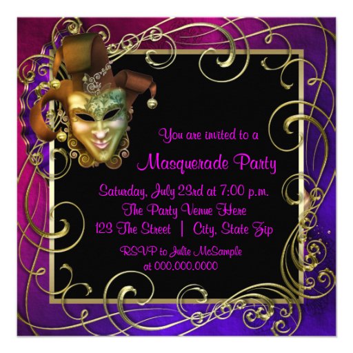 Hot Pink Purple Gold Masquerade Party Invitations