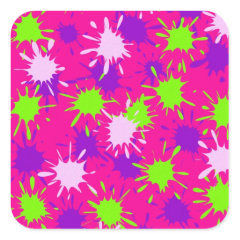 Hot Pink Purple Lime Green Paint Splatters Splotch Square Stickers