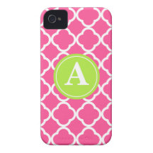 Hot Pink Quatrefoil Lime Monogram iPhone 4 Case