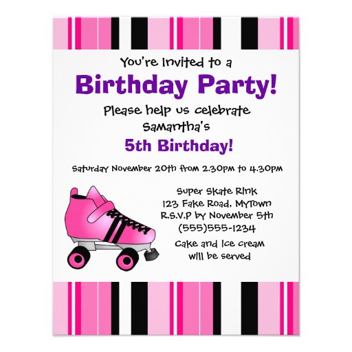 Hot Pink Roller Skate Birthday Party - Pink Stripe Personalized Invites