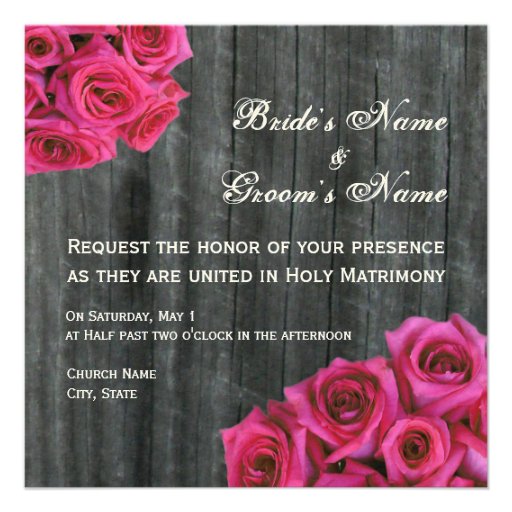 Hot Pink Rose and Barnwood Wedding Invitation