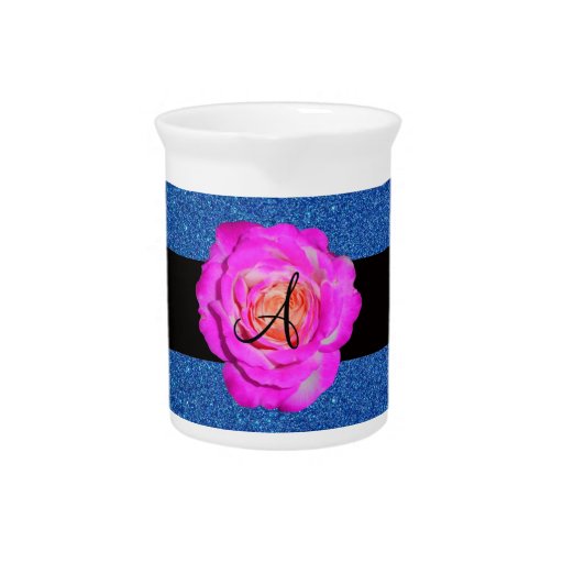 Hot pink rose monogram blue glitter drink pitcher