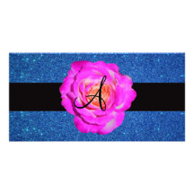 Hot pink rose monogram blue glitter photo card template