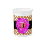Hot pink rose monogram brown polka dots beverage pitcher