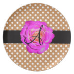 Hot pink rose monogram brown polka dots dinner plates