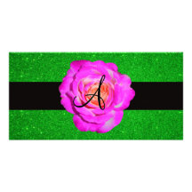 Hot pink rose monogram green glitter customized photo card