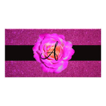 Hot pink rose monogram pink glitter photo card template