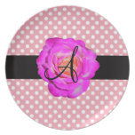 Hot pink rose monogram pink polka dots dinner plate