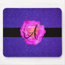 Hot pink rose monogram purple glitter mousepads