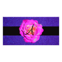 Hot pink rose monogram purple glitter photo card