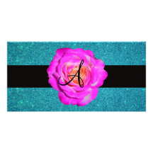 Hot pink rose monogram turquoise glitter custom photo card