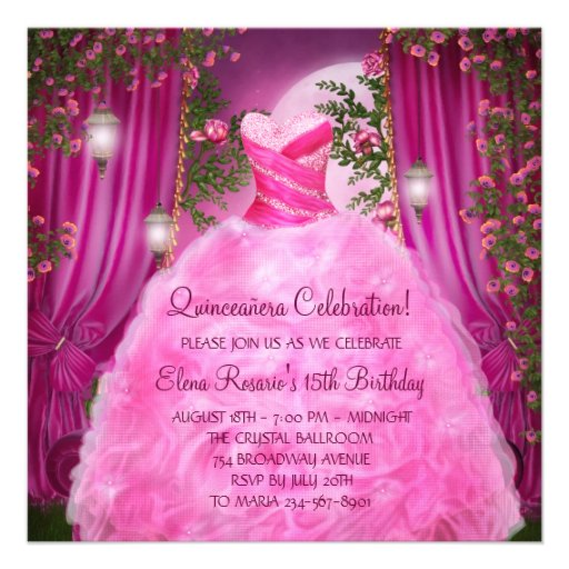Hot Pink Rose Quinceanera Personalized Announcements