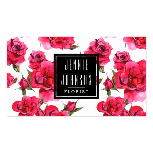 Hot Pink Roses Floral Modern Business Card (front side)