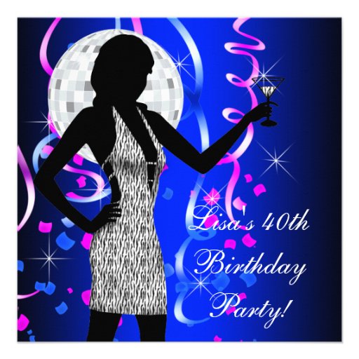 Hot Pink Royal Blue 40th Birthday Party Custom Invitation
