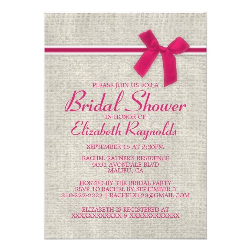 Hot Pink Rustic Burlap Bridal Shower Invitations
