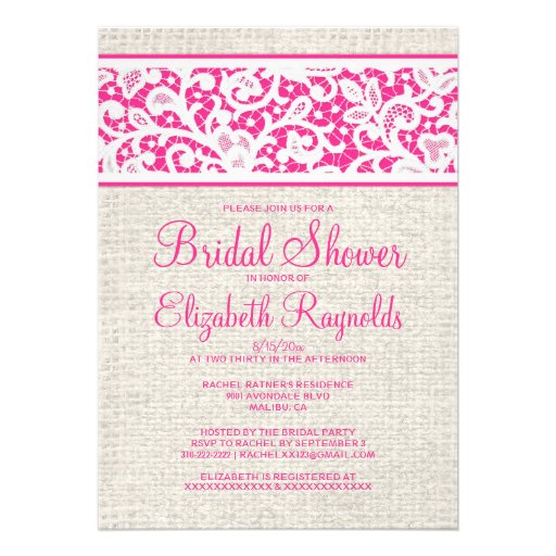 Hot Pink Rustic Burlap Linen Bridal Shower Invites