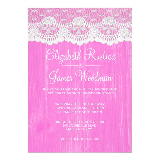 Hot Pink Rustic Lace Barn Wood Wedding Invitations