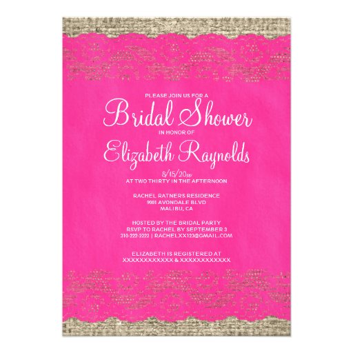 Hot Pink Rustic Lace Bridal Shower Invitations