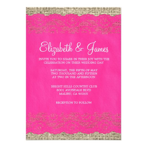 Hot Pink Rustic Lace Wedding Invitations