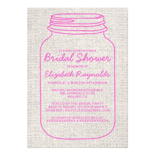 Hot Pink Rustic Mason Jar Bridal Shower Invitation