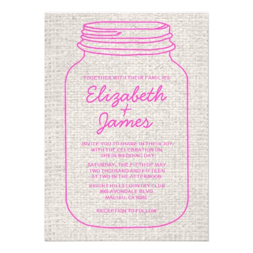 Hot Pink Rustic Mason Jar Wedding Invitations