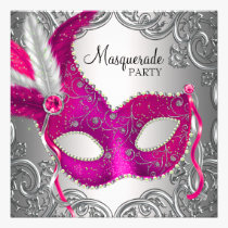 Hot Pink Silver Mask Masquerade Ball Party invitations