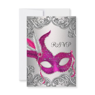 Hot Pink Silver Mask Masquerade Party RSVP invitation