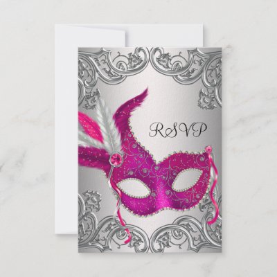 Hot Pink Silver Mask Masquerade Party RSVP Invite