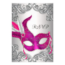 Hot Pink Silver Mask Masquerade Party RSVP Invite