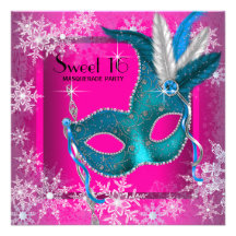 Hot Pink Snowflake Sweet 16 Masquerade Party Personalized Announcements