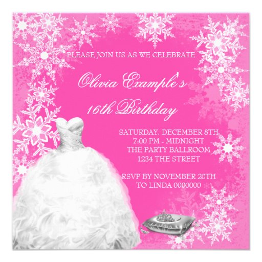 Hot Pink Snowflake Sweet Sixteen Party Custom Invite