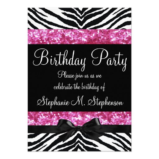 Hot Pink Sparkle Zebra Girl's Birthday Custom Announcements