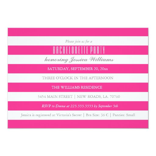 Hot Pink Striped Bachelorette Party Invitations (front side)