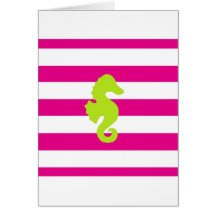 Hot Pink Stripes and Green Seahorse Greeting Cards