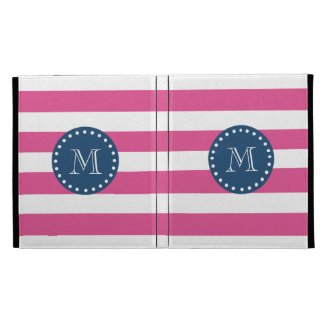 Hot Pink Stripes Pattern, Navy Blue Monogram iPad Cases