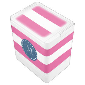 Hot Pink Stripes Pattern, Navy Blue Monogram Igloo Ice Chest